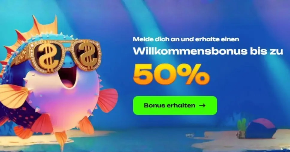 Fugu Casino Willkommensbonus-Banner – sichere dir bis zu 50 % Bonus, wenn du dich bei EU Casinos anmeldest Fugu Casino bringt einen einzigarti 